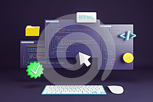 Floating programming code interface with HTML, CSS, JS elements and UI symbols on dark background for web development and online