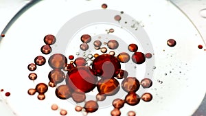 Floating red oil drops on water surface