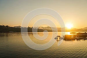 Floating residence in sunrise in the morning Sangklaburi, Kanchaburi Thailand