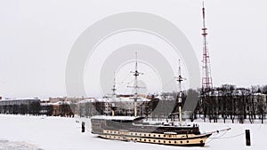 Floating restaurant Frigate Flagship on the Volkhov river on a winter day, Velikiy Novgorod. Concept. Beautiful retro