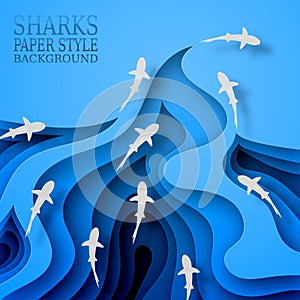 Floating sharks, paper style. Body wave, with shadows. Marine life, wildlife, predators went hunting. photo