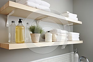 floating shelves storing laundry detergents and softeners