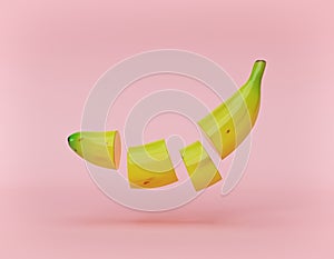 Floating sliced banana. Abstract minimalism concept. 3d rendering