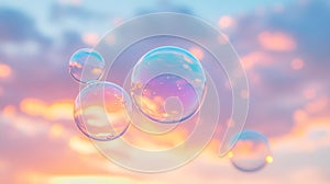 Floating soap bubbles against pastel sunset sky, dreamy atmosphere
