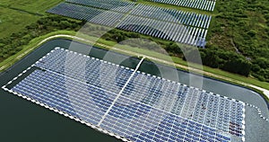 Floating solar panels at sustainable electrical power plant for producing clean electric energy. Concept of renewable