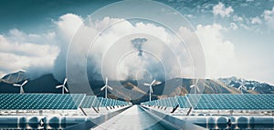 Floating solar power plant and offshore wind turbine farm with majestic mountain background. 3d rendering