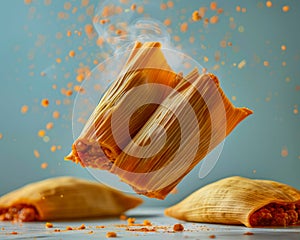 Floating Stacked Tamale with Corn Husk and Filling Over Blue Background with Falling Spices