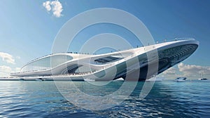 A floating stadium shaped like a colossal wave evoking the imagery of the ocean creating an immersive experience for