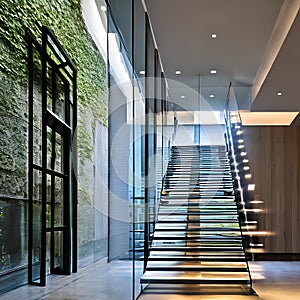 Floating Stairway: A breathtaking foyer with a floating staircase made of glass and steel, creating an illusion of weightlessnes