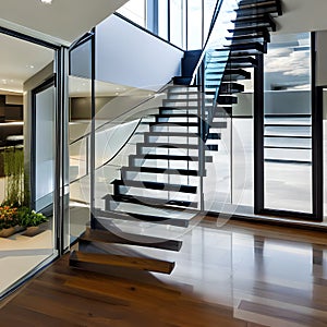 Floating Stairway: A breathtaking foyer with a floating staircase made of glass and steel, creating an illusion of weightlessnes