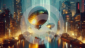 Floating steampunk airship docks, AI generated image