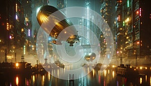 Floating steampunk airship docks, AI generated image