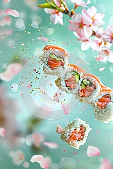 Floating Sushi Set with Blossoms on Pastel Background