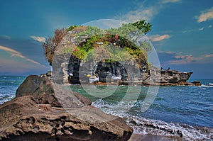The floating temple surrounded by water.