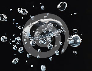 Floating translucent bubbles and droplets on black background