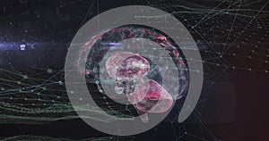 Floating translucent 3D brain model glowing in virtual network, with neon wireframe and data nodes