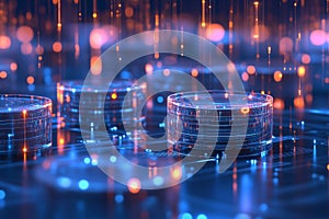 floating translucent disks emitting waveforms over connected circuits