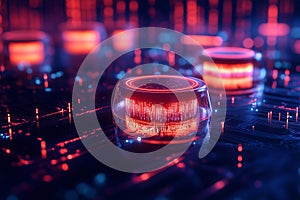 floating translucent disks emitting waveforms over connected circuits