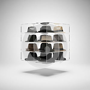 Floating transparent hat organizer cube, on solid white background