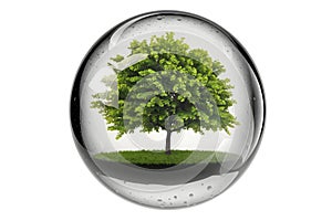 Floating transparent sphere containing a lush green tree photo