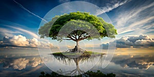 Floating tree with roots suspended in air