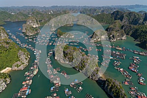 Floating Village on Ha Long Bay, Cat Ba Island, Vietnam, descending dragon bay Asia Aerial Drone Photo photo