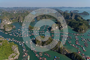 Floating Village on Ha Long Bay, Cat Ba Island, Vietnam, descending dragon bay Asia Aerial Drone Photo