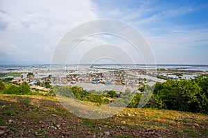 Floating village landscape view from the top of phnom krom mountai in siem reap city