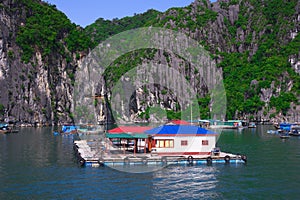 Floating village, rock island, Halong Bay, Vietnam