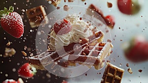 Floating Waffles with Strawberries and Whipped Cream