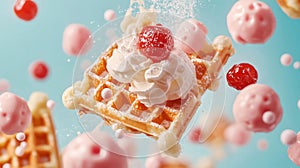 Floating Waffles with Whipped Cream and Raspberries