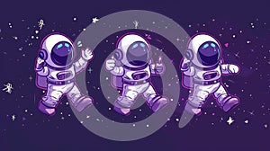 Floating in weightlessness, cute astronaut characters stand on one leg and show thumbs up. Cartoon astronaut, mascot photo
