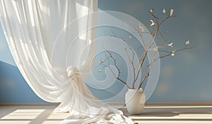 Floating white curtain. AI generated