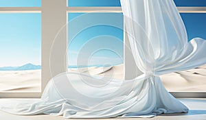 Floating white curtain. AI generated