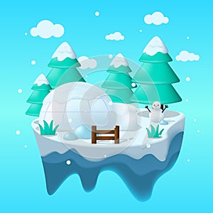 Floating winter island in flat illustration with ice home, snow man and ice panorama. Ice island illustration. winter vector