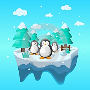 Floating winter island in flat illustration with penguin,  and ice panorama. Ice island illustration. winter vector background fit