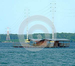 Floating wooden shelter at the sea in Teluk Sengat, Kota Tinggi, Johor, Malaysia.