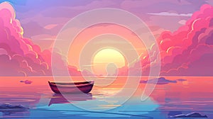 Floating wooden skiff floating under pink sky on calm water surface, sidescroller for game, Cartoon modern illustration. photo