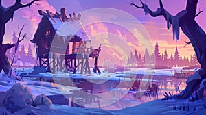 Floating wooden stilt house in frozen swamp in winter forest. Old shack on piles in deep wood. Witch hut, computer game