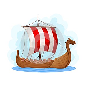 Floating Wooden Viking Ship as Norway Attribute Vector Illustration