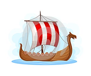Floating Wooden Viking Ship as Water Transport Vector Illustration