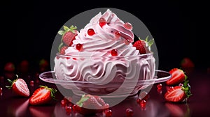 A floating yogurt swirl accompanied by fresh strawberries.