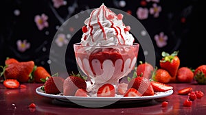 A floating yogurt swirl accompanied by fresh strawberries.