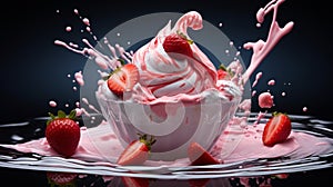 A floating yogurt swirl accompanied by fresh strawberries.