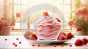 A floating yogurt swirl accompanied by fresh strawberries.