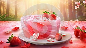 A floating yogurt swirl accompanied by fresh strawberries.