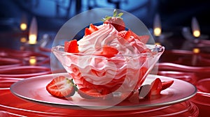 A floating yogurt swirl accompanied by fresh strawberries.