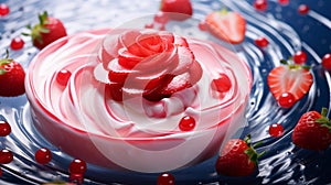 A floating yogurt swirl accompanied by fresh strawberries.