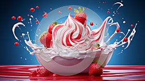 A floating yogurt swirl accompanied by fresh strawberries.