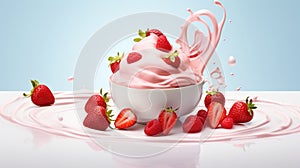 A floating yogurt swirl accompanied by fresh strawberries.